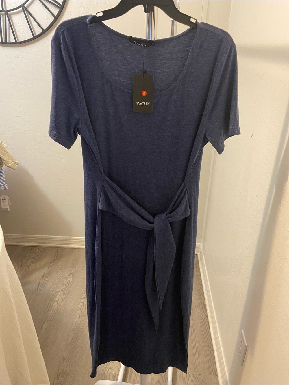 Yacün Navy Short Sleeve Tie-Waist Dress